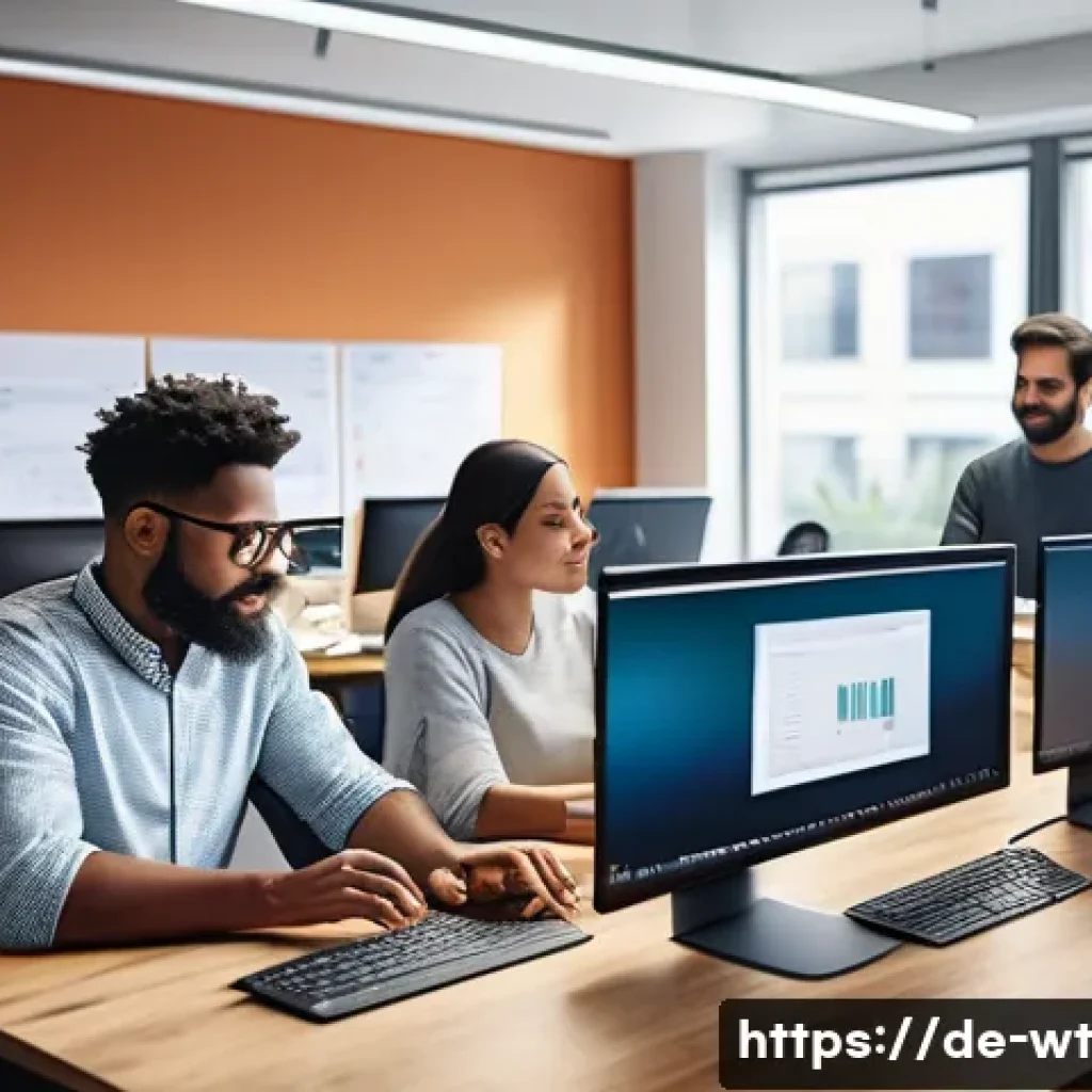 오픈소스 기여를 위한 코드 작성 베스트 프랙티스 - A modern software development team collaborating in a bright, spacious office with diverse developer...