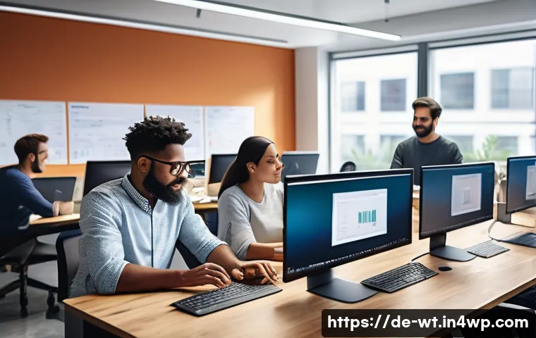 오픈소스 기여를 위한 코드 작성 베스트 프랙티스 - A modern software development team collaborating in a bright, spacious office with diverse developer...