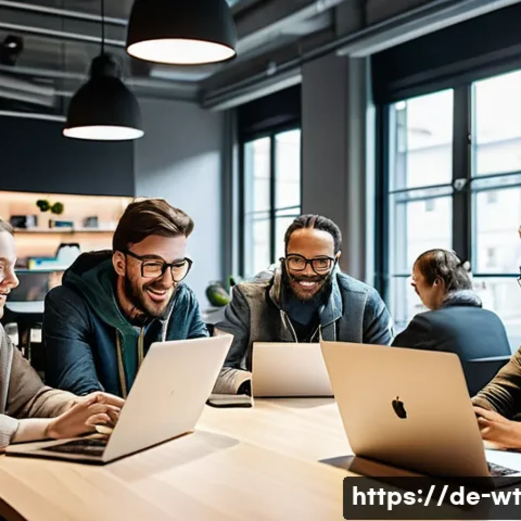 오픈소스 기여의 기본 원칙과 철학 - A diverse group of software developers collaborating enthusiastically around a large table in a mode...