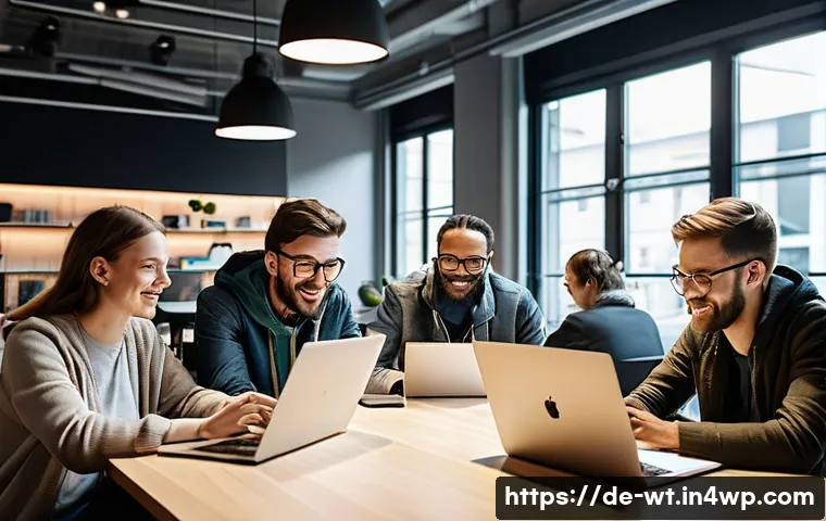 오픈소스 기여의 기본 원칙과 철학 - A diverse group of software developers collaborating enthusiastically around a large table in a mode...