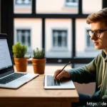 Home 21 오픈소스 기여의 기본 개념 이해하기 - A cozy home office setup with a young adult enthusiastically contributing to an open source project ...